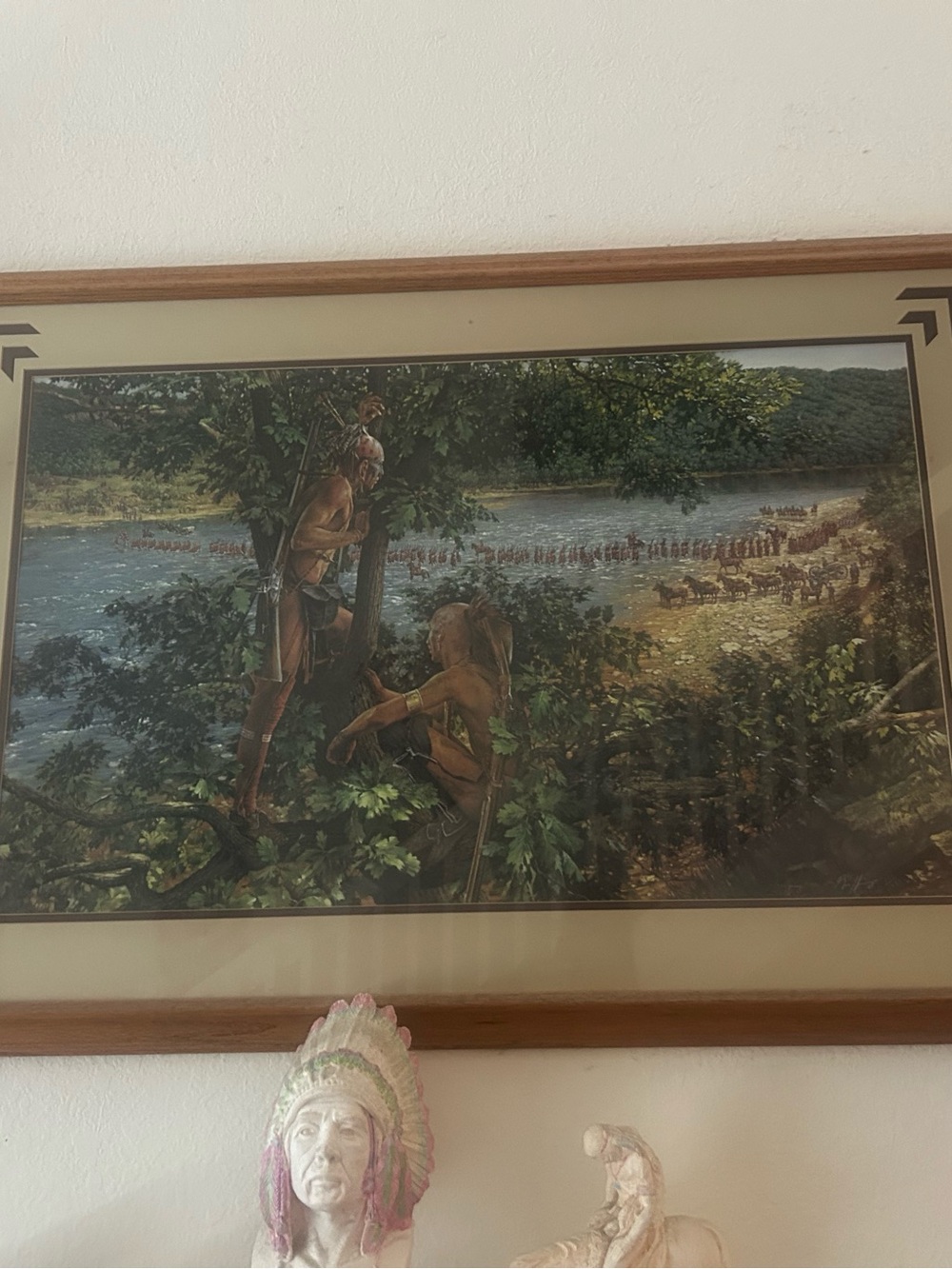 Framed Native American River Scene Print - Earth Tones